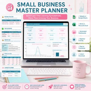 May include: A digital small business master planner displayed on a laptop screen, featuring an executive dashboard with revenue, expense, and profit charts. The layout includes side panels for revenue tracking, task management, and profit loss analysis.