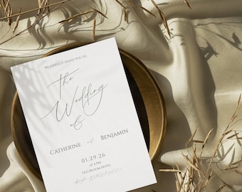 Sage Grünes Hochzeitseinladungs-Set: Minimalistische, elegante Schrift (Canva Template)