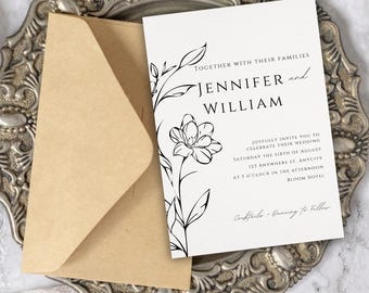 Minimalist Black & White Floral Wedding Invitation Set (Canva Template)