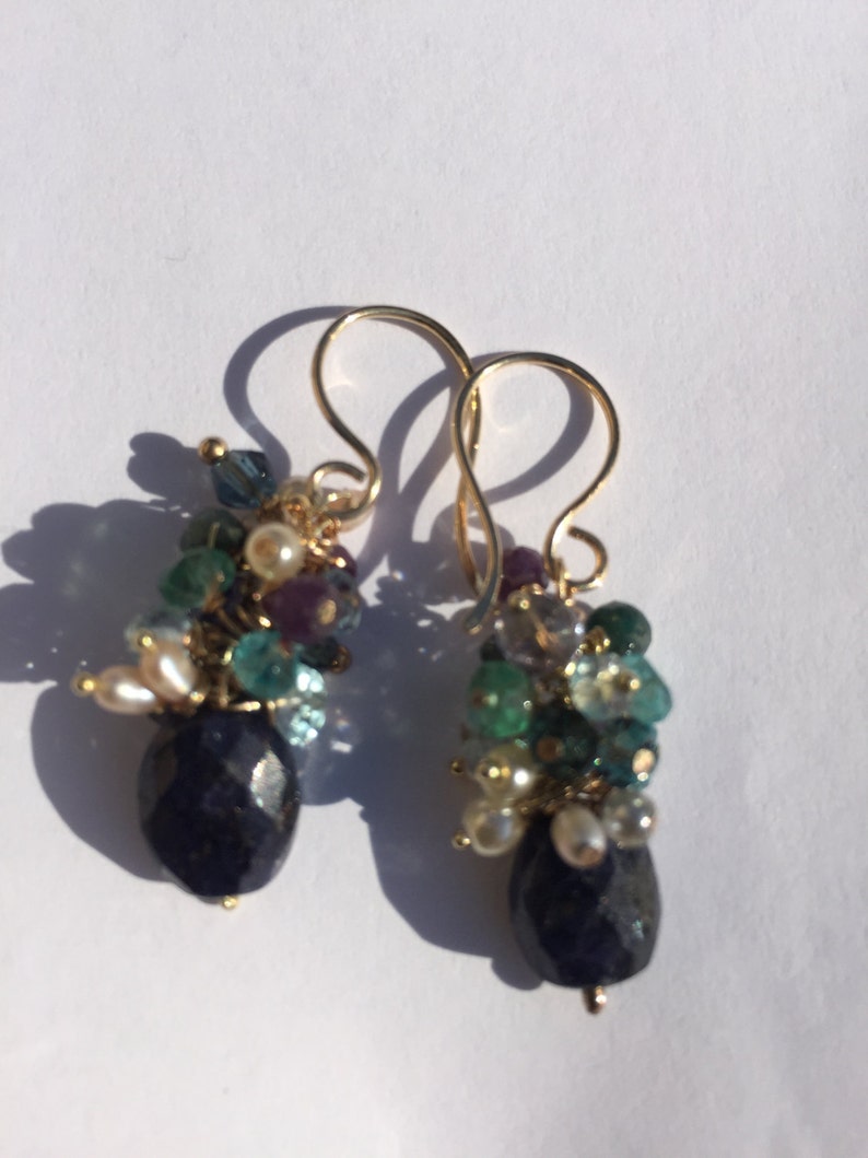 Sapphire Jewelry Sapphire Cluster Earrings Gold Earrings | Etsy