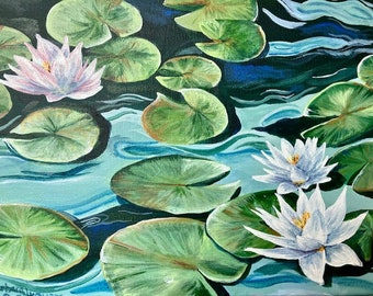 Three Water Lillies Acrylic Painting