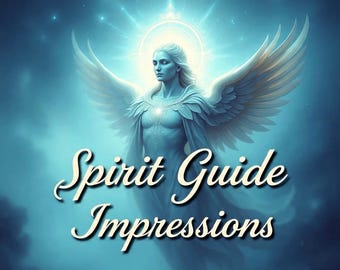 May include: Digital art of a celestial being with large white wings, a glowing halo, and flowing robes. The figure is set against a blue, ethereal background with the words "Spirit Guide Impressions" in elegant script.