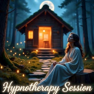 Può includere: Una donna in abito bianco seduta su un ceppo in una foresta di notte, con gli occhi chiusi, con una capanna sullo sfondo. Il testo "Hypnotherapy Session" è in basso nell'immagine. La scena è illuminata dalla luna piena e da luci soffuse.