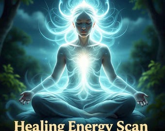 May include: Digital art of a person meditating in a lotus position, surrounded by glowing blue energy. The image has a serene, ethereal quality, with the text "Healing Energy Scan" at the bottom.