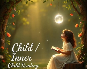 Può includere: Una giovane con un vestito bianco seduta su un ceppo d'albero, tiene in mano un libro e guarda una sfera luminosa. La scena è ambientata in una foresta con fiori arancioni e il testo "Child / Inner Child Reading".
