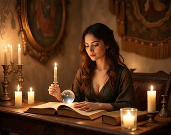May include: A woman sits at a wooden table with an open book, a crystal ball, and lit candles. The text "Career & Calling Reading" is at the bottom of the image. The room is dimly lit with antique decor.