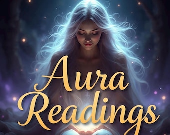 May include: Digital art featuring a woman with long, flowing white hair, illuminated by a soft, ethereal glow. The text "Aura Readings" is overlaid in a golden, elegant script, suggesting a spiritual or mystical theme.