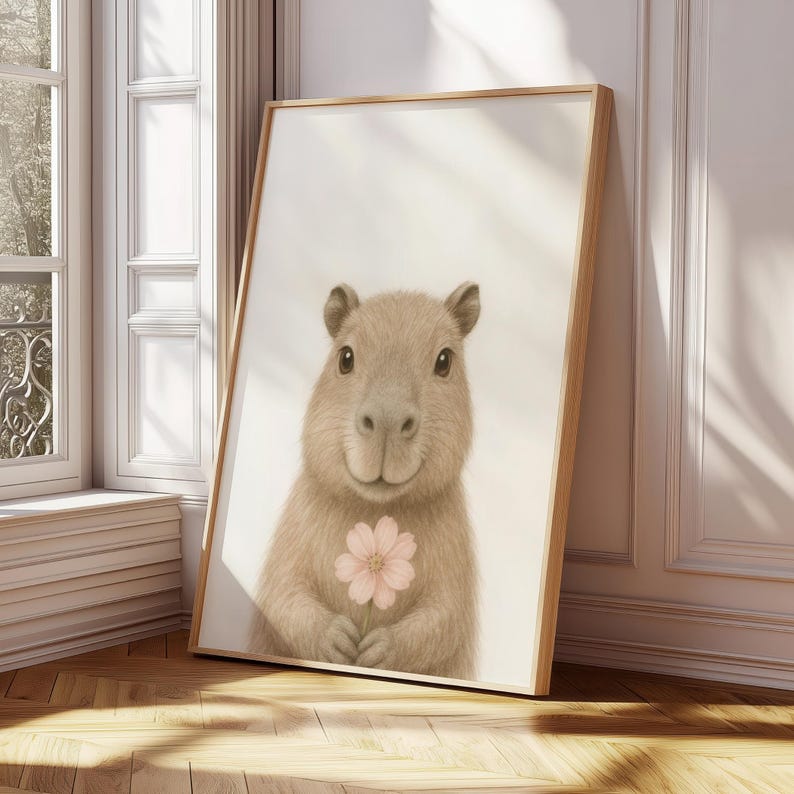 May include: A framed print of a capybara holding a pink flower. The artwork uses warm, neutral tones to depict the animal. The wooden frame adds to the print's appeal. Ideal for a nursery or children's room. The frame is made of wood.