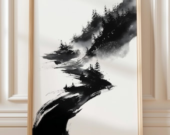 Sumi-e Zen Landscape - Misty Mountain Path (Digital Download)