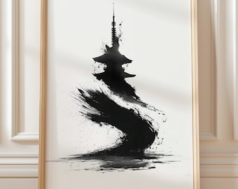 Inkt Pagoda in Motion – Afdrukbare muurdecoratie Japanse penseelkunst (digitale download)