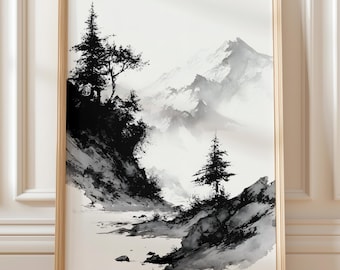 Sumi Ink Wash Mountain Landscape – Zen Nature Wall Art Print (Digital Download)