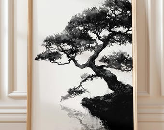 Japanese Ink Painting of a Tree on Cliff | Minimalist Sumi-e Wall Art (Digital Download)
