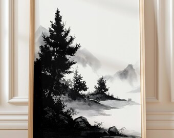 遠くの山々。日本の伝統的な水墨画、墨絵、デジタルダウンロード