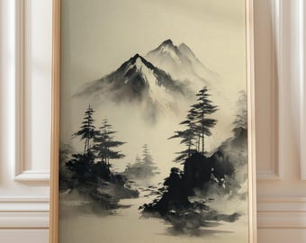 Japanese Ink Wash Painting, Zen Minimalist Wall Art (Digital Download)