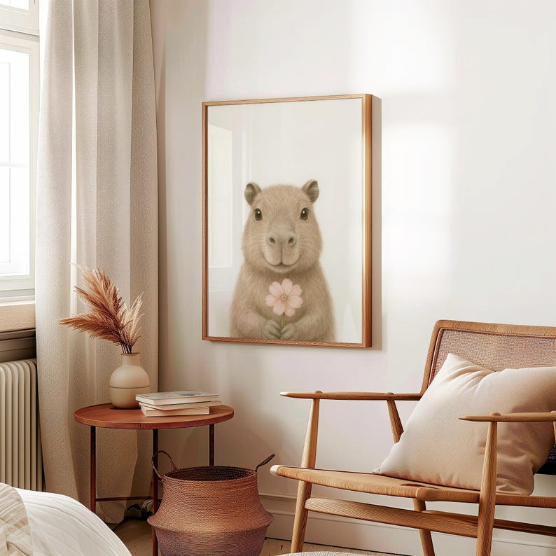 May include: A framed print of a capybara holding a pink flower. The artwork features a capybara in soft, neutral tones, with a gentle expression. The print is encased in a wooden frame, adding a touch of warmth to the wall decor.