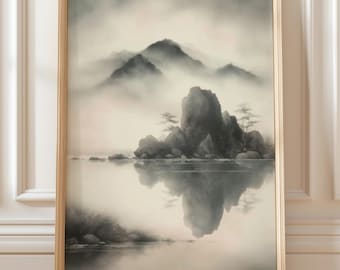 Misty Mountain Reflection – Minimalist Ink Wash Landscape Wall Art Print (Digital Download)