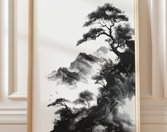 Sumi-e Ink Wash Landscape Triptych Set: Asian Zen Mountain Art