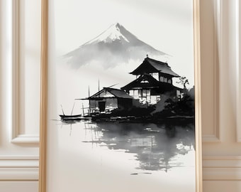 Japanese Sumi Ink Landscape – Traditional Brush Painting Print (Digital Download)