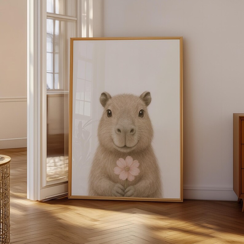 May include: A framed print of a capybara holding a pink flower. The capybara has soft, brown fur and a gentle expression. The artwork is set against a neutral background, framed in a light wood, suitable for a child's room.