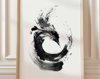 Zen-inktpenseel draak – abstracte muurkunst in minimalistische sumi-e-stijl (digitale download)
