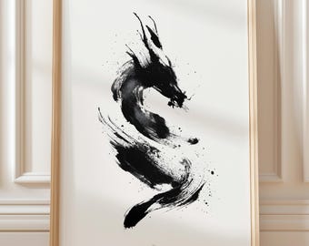 Dragon Sumi Ink Brush Wall Art – Minimalistische zwarte abstracte draak (digitale download)