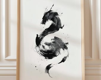 Muurkunst Dragon Sumi-inktpenseel – minimalistische zwarte penseelstreek (digitale download)