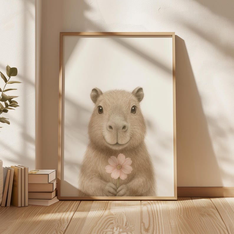 May include: A framed print of a capybara holding a pink flower. The capybara is depicted with soft brown fur and a gentle expression. The artwork is set against a neutral background, with a wooden frame.