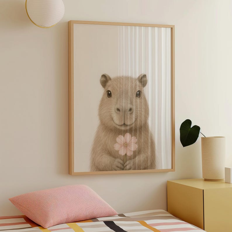 May include: A framed art print depicting a smiling capybara holding a pink flower. The artwork has a soft, neutral colour palette with a light brown wooden frame. The capybara is the focal point, rendered in detailed illustration.
