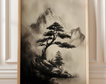 Zen Mountain Landscape – Sumi-e Ink Painting Printable Wall Art (Digital Download)