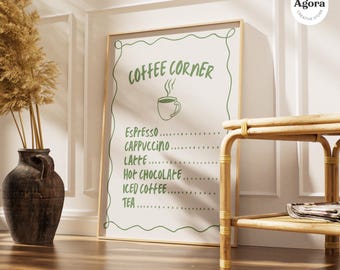 Póster de Coffee Corner: Arte de pared imprimible para estación de café en 7 colores