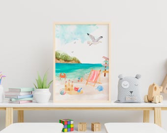 Pósteres imprimibles de playa de verano: arte mural costero con conchas marinas, océano y elementos vacacionales