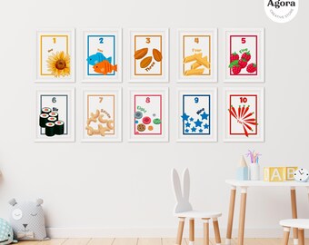 Pósteres imprimibles de números del 1 al 10 con objetos: arte mural educativo para niños y decoración del aula.