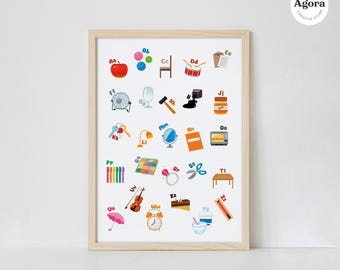 Póster imprimible del alfabeto con objetos: divertido y educativo arte mural del abecedario para niños