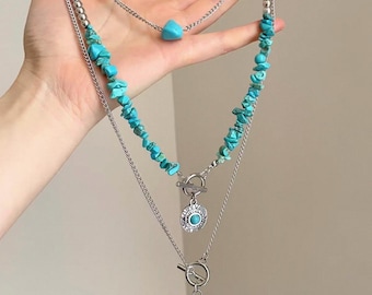 Gargantilla turquesa, cadena llamativa estilo boho con capas, joyería con cierre de palanca estilo western, estilo grunge Fairycore Y2K, regalo para ella.