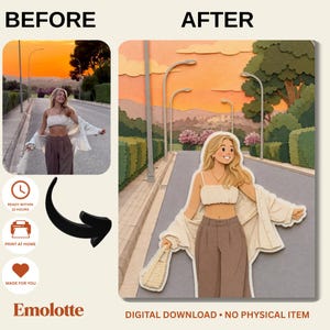 Puede incluir: Una ilustración digital que muestra una comparación de antes y después de una persona en una carretera. La imagen después presenta un efecto de papel recortado en capas de una persona con top corto blanco, pantalón marrón y camisa blanca.