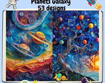 Quilling Galaxy Junk Journal Pages, Celestial Planet Constellation Art, Printable Scrapbook Paper, Digital Download