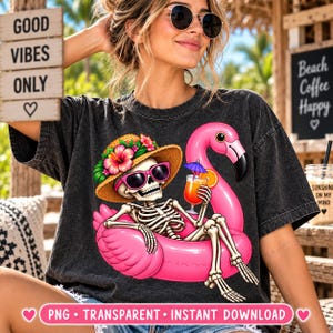 Summer Spooky PNG, Summer Skeleton Flamingo Pool Float, Summerween Halloween Sublimation Design