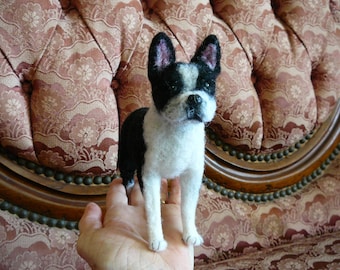 Boston Terrier Needle Felted Dog Sculpture, SIT (Susan Innes Trudell) One-of-a-kind (OOAK) Miniature Wool Dog