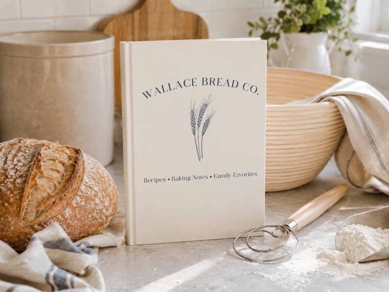 Puede incluir: Un libro de tapa dura color crema titulado Wallace Bread Co. con una ilustraci&oacute;n de tallos de trigo en azul oscuro en la portada. El texto debajo de la ilustraci&oacute;n dice Recipes &bull; Baking Notes &bull; Family Favorites en una fuente serif azul oscuro.