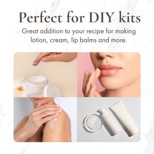 Puede incluir: Imagen que presenta un collage de aplicaciones de productos para el cuidado de la piel. Incluye un tarro de crema, una persona aplic&aacute;ndose crema en el hombro y una persona aplic&aacute;ndose crema en los labios. El texto dice: "Perfecto para kits de bricolaje. Gran adici&oacute;n a tu receta para hacer loci&oacute;n, crema, b&aacute;lsamos labiales y m&aacute;s."