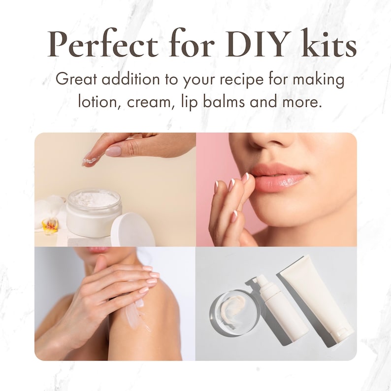 Puede incluir: Imagen que presenta un collage de aplicaciones de productos para el cuidado de la piel. Incluye un tarro de crema, una persona aplic&aacute;ndose crema en el hombro y una persona aplic&aacute;ndose crema en los labios. El texto dice: "Perfecto para kits de bricolaje. Gran adici&oacute;n a tu receta para hacer loci&oacute;n, crema, b&aacute;lsamos labiales y m&aacute;s."