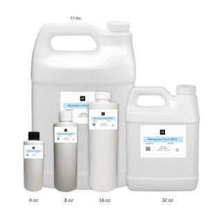 May include: A collection of white plastic containers of varying sizes, labeled with "Dipropylene Glycol (DPG)". Sizes include 4 oz, 8 oz, 16 oz, and 32 oz, with a larger container weighing 7.7 lbs. Each container has a white label with black text.