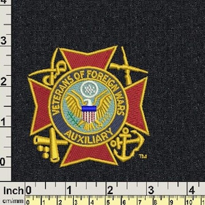 May include: Embroidered patch featuring the words "Veterans of Foreign Wars Auxiliary" surrounding a central emblem. The emblem includes an eagle, a shield, and a blue stripe. The patch is red, gold, blue, and white on a black background.