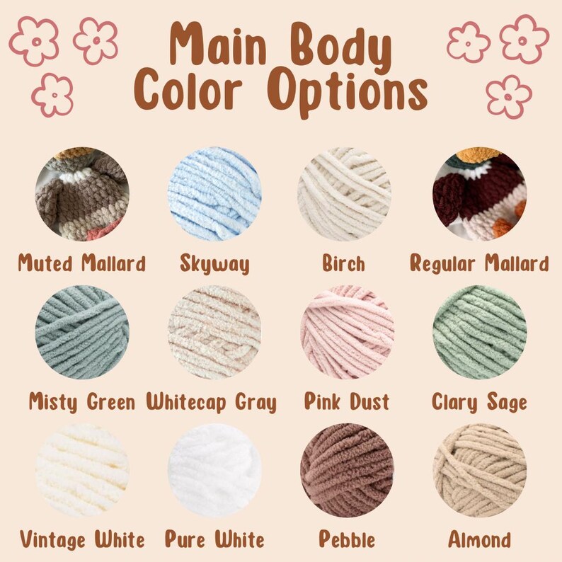 Op de afbeelding: Een kleurenkaart met de titel Main Body Color Options met twaalf cirkelvormige garenstalen in verschillende tinten, waaronder Muted Mallard, Skyway, Birch, Regular Mallard, Misty Green, Whitecap Gray, Pink Dust, Clary Sage, Vintage White, Pure White, Pebble en Almond.