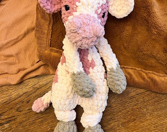Cow Crochet Knotted Lovey - READY TO SHIP - snuggler | stuffie | gift | holiday | shower | baby | handmade | pink | strawberry