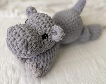 Handmade Crochet Hippo Plush – Embroidered Eyes, Lavender Grey