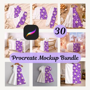 May include: A collection of mockups featuring a variety of items with a split design. The items include a pajama set, apron, baby bedding, dress, and a cosmetic bag. The design features a white background with a purple floral pattern. The text "Procreate Mockup Bundle" is also visible.