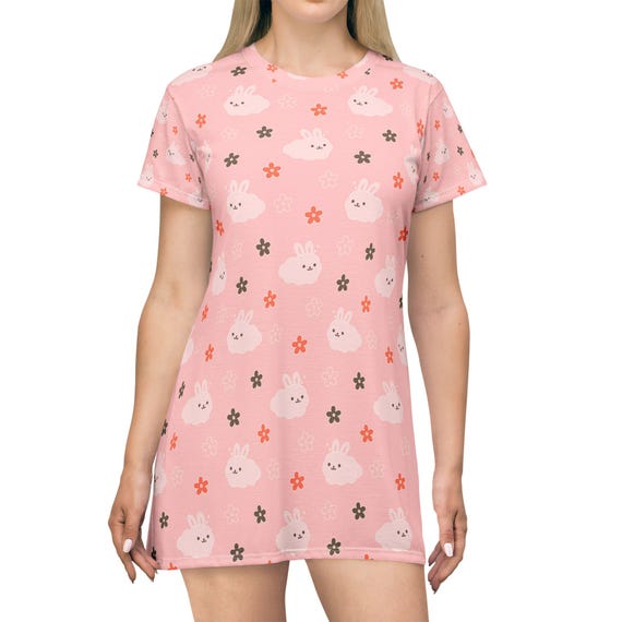 Pink Bunny T-shirt Dress, Cute Bunny Dress, Kawaii Animal Dress, Pastel Floral Dress, Cute Casual Dress, Pink Cottagecore Dress