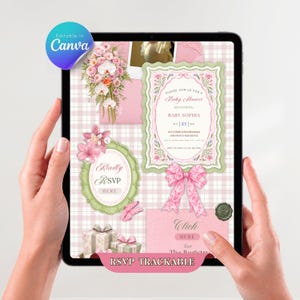 Peut inclure: Un écran de tablette numérique affichant un modèle d'invitation de baby shower à carreaux roses et blancs. Le design comprend des arrangements floraux, un cadre festonné, un nœud rose, des cadeaux et du texte incluant "Baby Shower" et "RSVP".