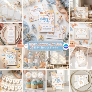 Peut inclure: Ensemble de décorations de baby shower sur le thème « Here Comes The Son ». Comprend des invitations, des menus, des décorations de cupcakes, des étiquettes de bouteilles d'eau et une bannière de bienvenue. La palette de couleurs est bleu pastel, orange et jaune.